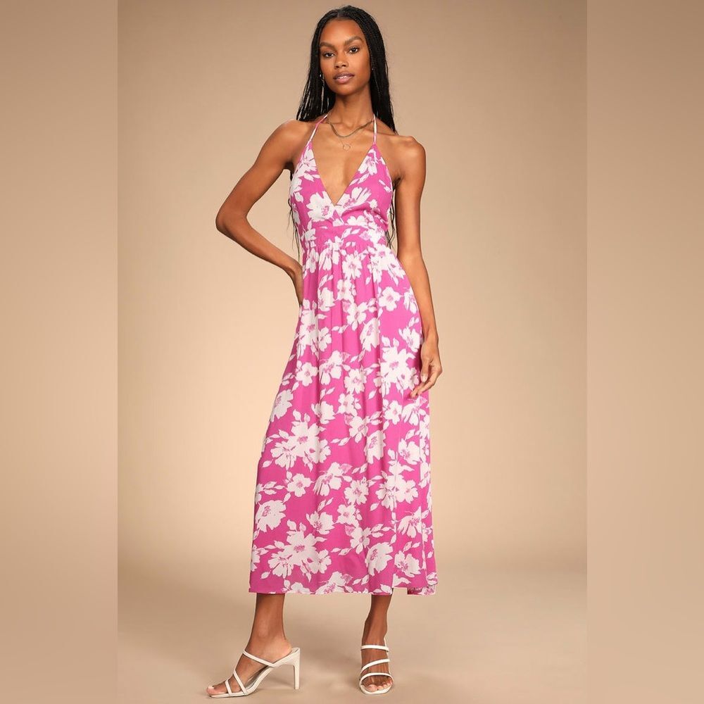 Lulu’s Follow the Summer Pink Floral Print Halter Midi Dress Sz S